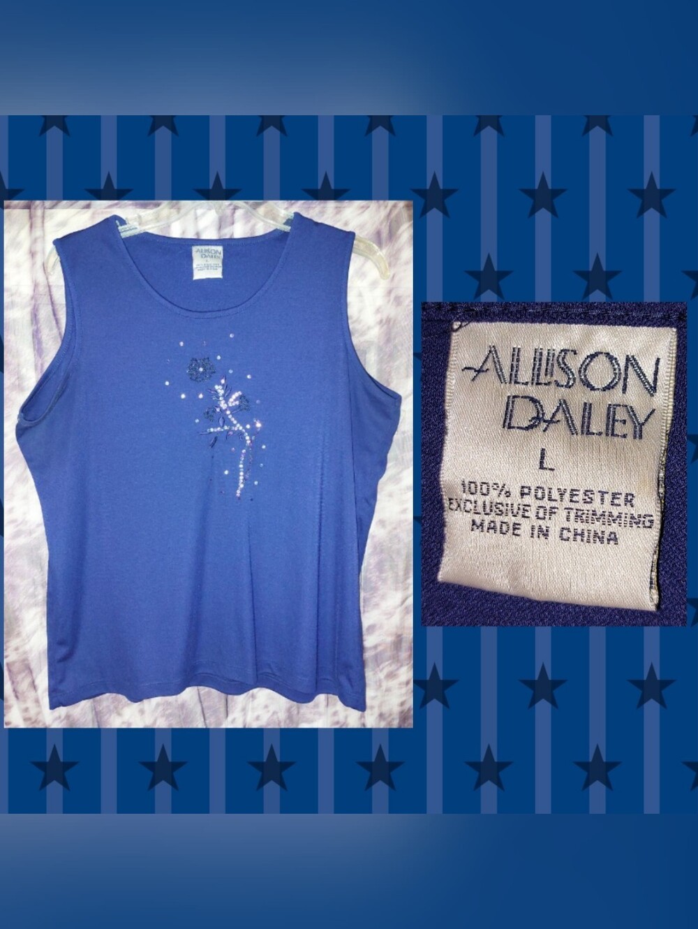 Allison Daley brand Navy Blue Embellished Soft Knit Tank Top Sz Large